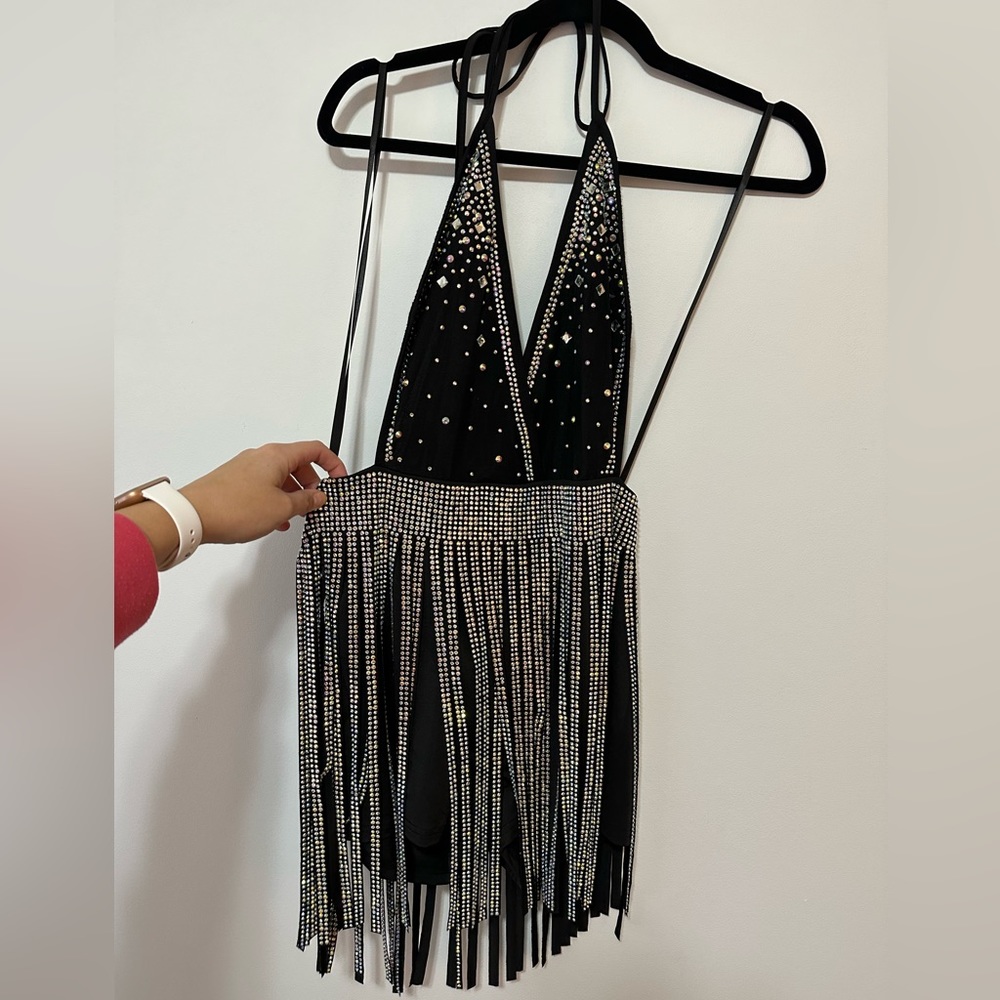 Rhinestone backless romper.
